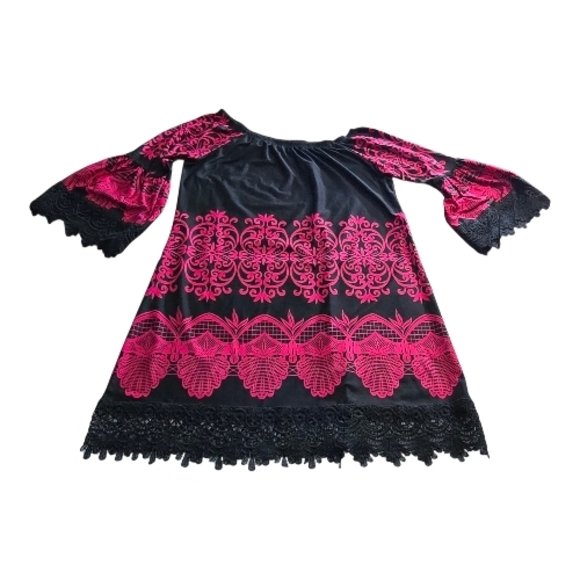 ✨ White Mark Boho Lace Trim Dress XL Black Pink Damask Peasant Tunic Bell Sleeve - Picture 2 of 11